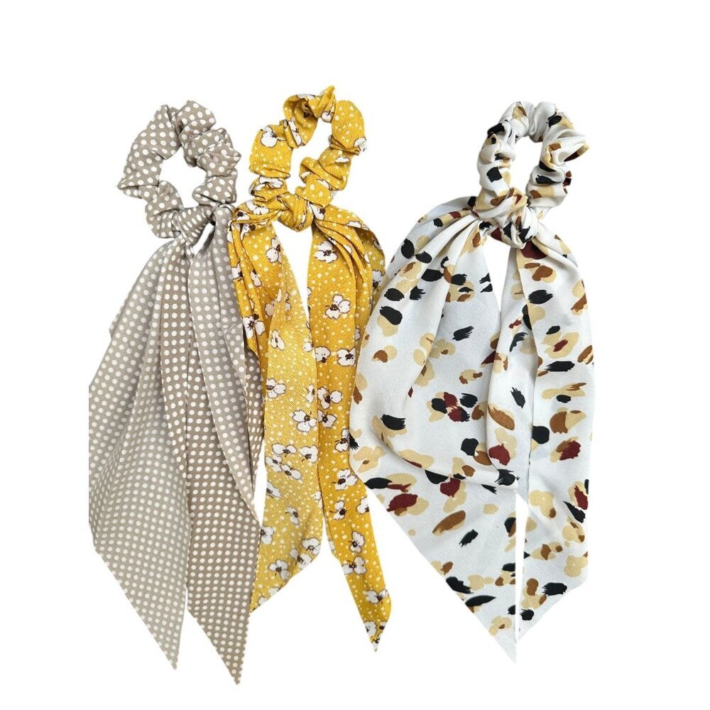 NEW 3 Sets of 3 Printed Bow Scrunchies Long Tails Polka Dots Floral Leopard‎